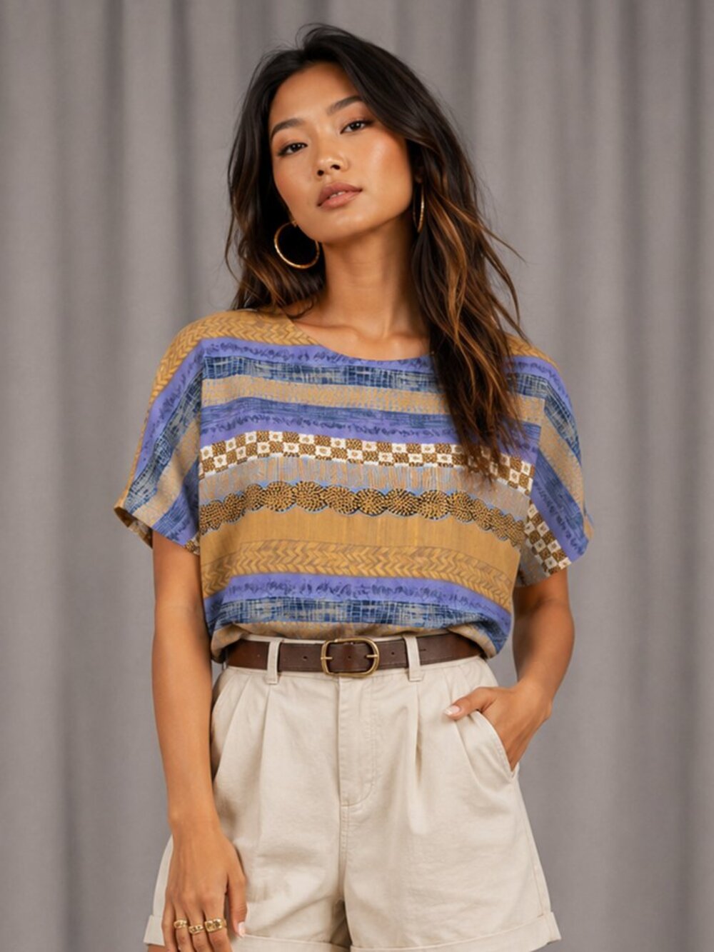 Vintage 90s Blue Brown Abstract Striped Blouse | Medium